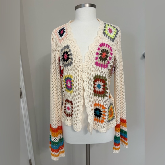 None Sweaters - Women's Colorful Crochet Granny Square Cardigan Sweater Size Large